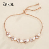 Round Pearls Bracelets Leaf Zirconia Adjustable Wedding Jewelry