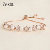 Round Pearls Bracelets Leaf Zirconia Adjustable Wedding Jewelry
