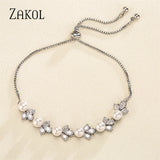 Round Pearls Bracelets Leaf Zirconia Adjustable Wedding Jewelry