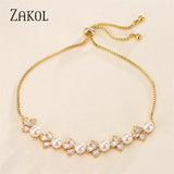 Round Pearls Bracelets Leaf Zirconia Adjustable Wedding Jewelry