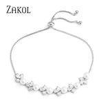 Round Pearls Bracelets Leaf Zirconia Adjustable Wedding Jewelry