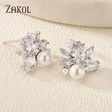 Pearl Zircon Stud Earring for Women Bridal Wedding Party