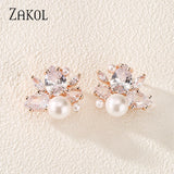 Pearl Zircon Stud Earring for Women Bridal Wedding Party