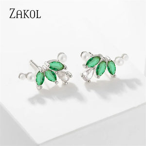Green Zircon Leaf Stud Earrings Girls Party Accessories