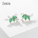Green Zircon Leaf Stud Earrings Girls Party Accessories