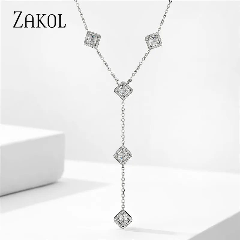 Square Cubic Zirconia Charm Y Shape Long Choker Necklace Wedding Jewelry