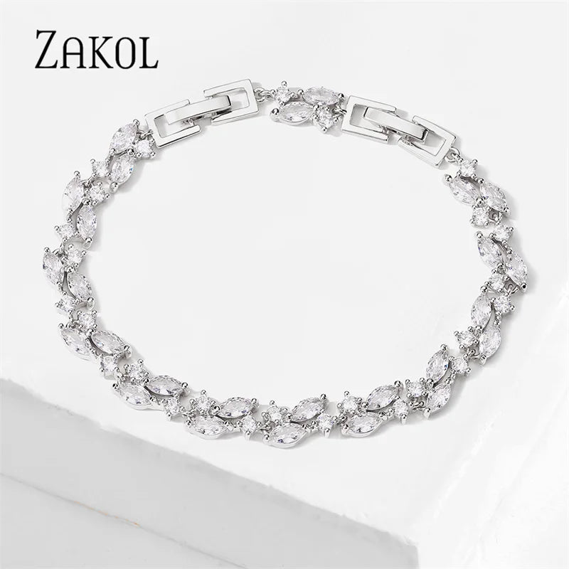 Zircon Leaf Charm Bracelet Marquise Cut CZ Wedding Party Jewelry