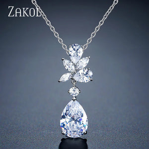 Water Drop CZ Leaf Pendant Necklace FSNP2143