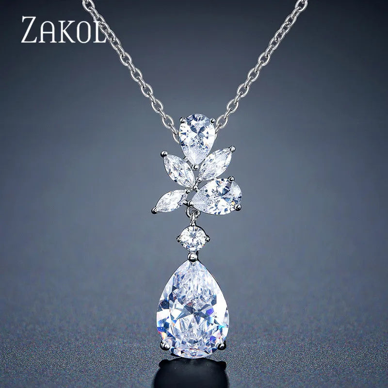 Water Drop CZ Leaf Pendant Necklace FSNP2143