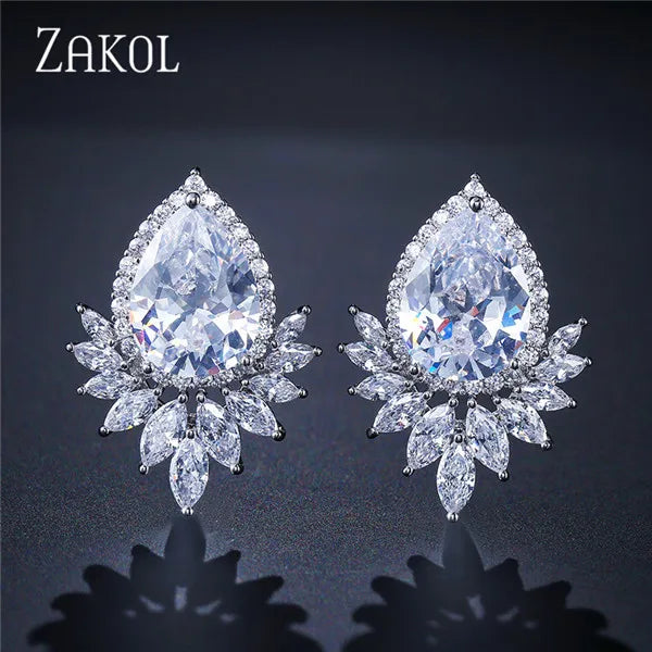 Teardrop CZ Stud Earrings Leaf Bridal Jewelry