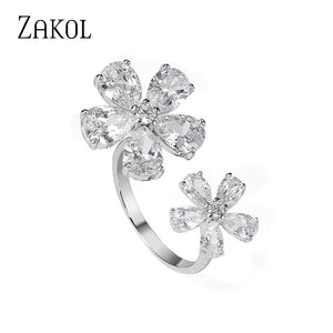Silver Flower Open Rings with CZ