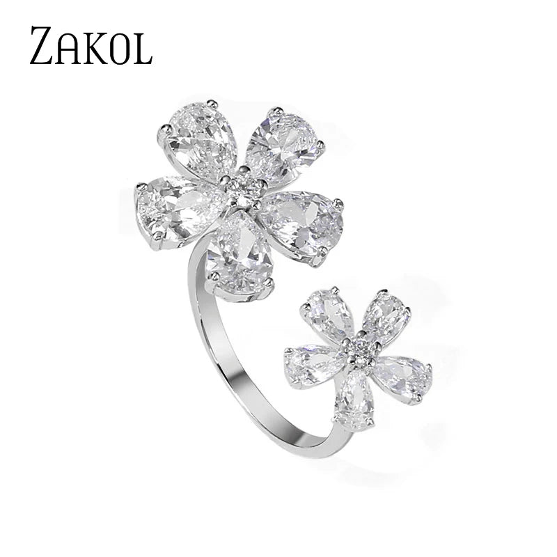 Silver Flower Open Rings with CZ