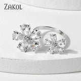 Silver Flower Open Rings with CZ