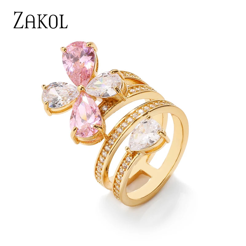 Pink Zircon Leaf Water Drop Crystal Ring for Women