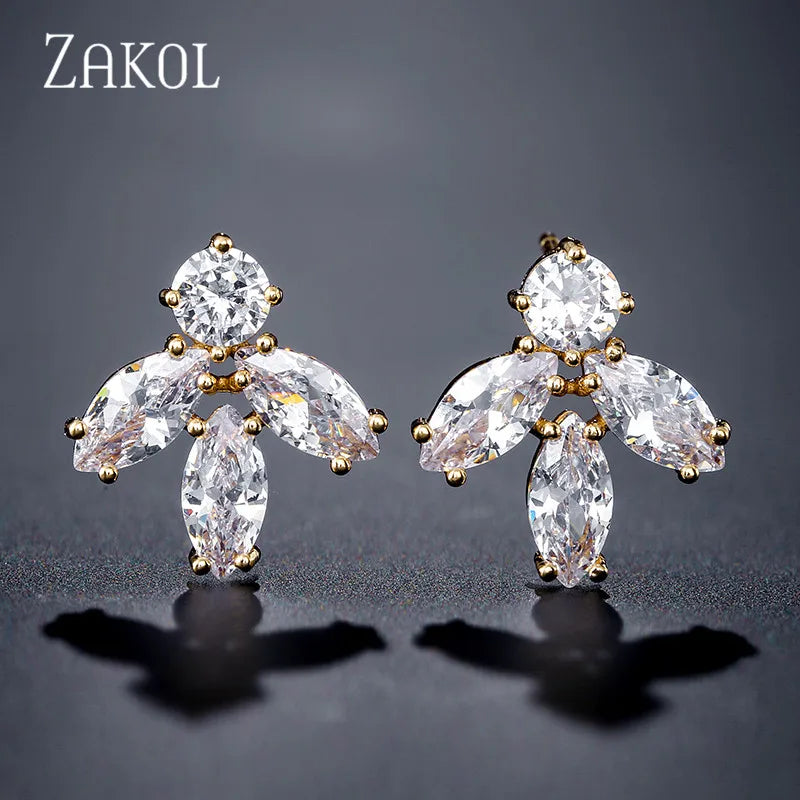 Leaf CZ Stud Earrings for Women Bride Wedding EP2497