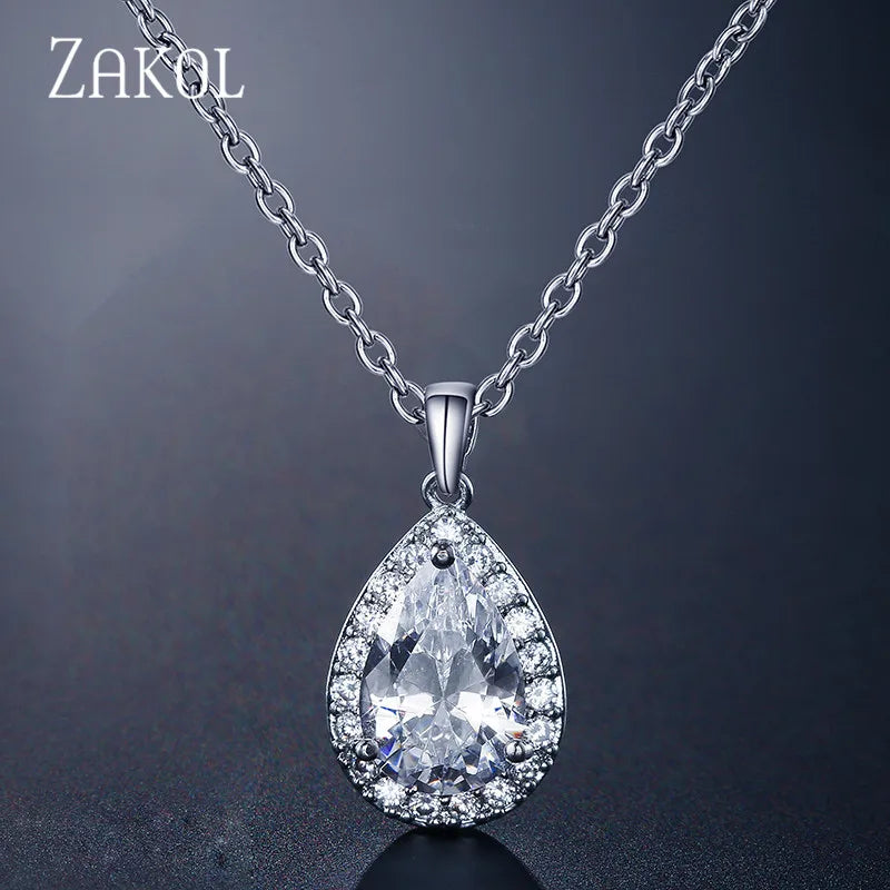 Zircon Chain Pendant Necklaces Sparkling Tear Crystal Wedding Jewelry