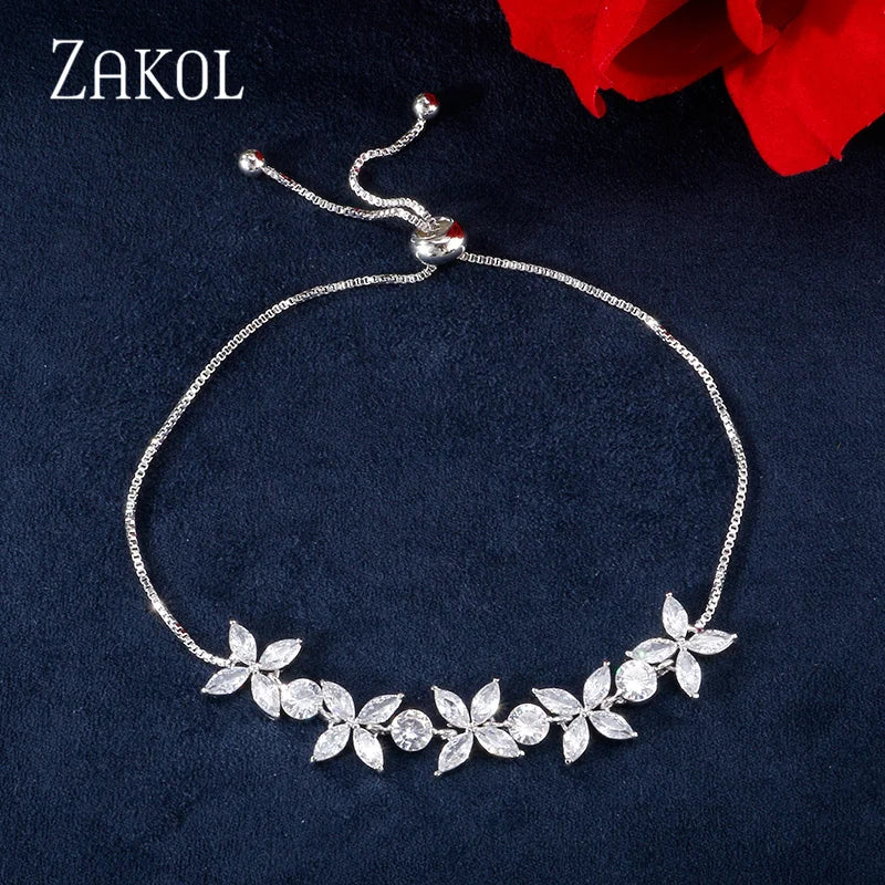 CZ Zircon Stones Flower Adjustable Bracelet Wedding Jewelry