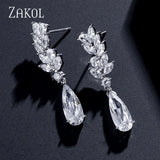Flower CZ Crystal Pendant Dangle Earrings for Women Leaf Bridal Jewelry