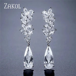 Flower CZ Crystal Pendant Dangle Earrings for Women Leaf Bridal Jewelry