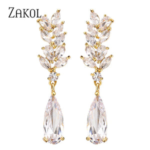 Flower CZ Crystal Pendant Dangle Earrings for Women Leaf Bridal Jewelry