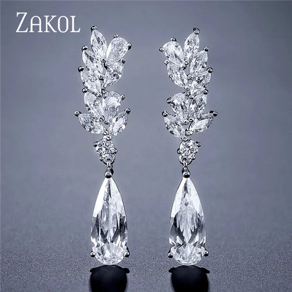 Flower CZ Crystal Pendant Dangle Earrings for Women Leaf Bridal Jewelry
