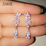 Flower CZ Crystal Pendant Dangle Earrings for Women Leaf Bridal Jewelry