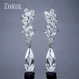 Flower CZ Crystal Pendant Dangle Earrings for Women Leaf Bridal Jewelry