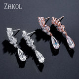Flower CZ Crystal Pendant Dangle Earrings for Women Leaf Bridal Jewelry