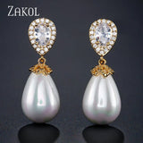 Pearl Dangle Earrings for Women Water Drop CZ Bridal Earring