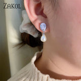 Pearl Dangle Earrings for Women Water Drop CZ Bridal Earring