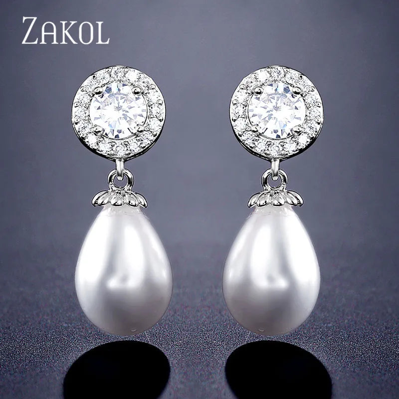 Pearl Dangle Earrings for Women Water Drop CZ Bridal Earring