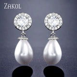 Pearl Dangle Earrings for Women Water Drop CZ Bridal Earring