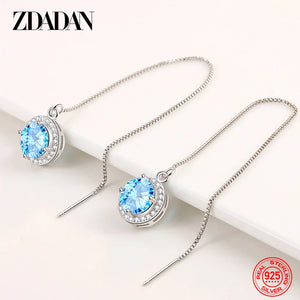 925 Silver Crystal Long Chain Drop Earrings Women Jewelry