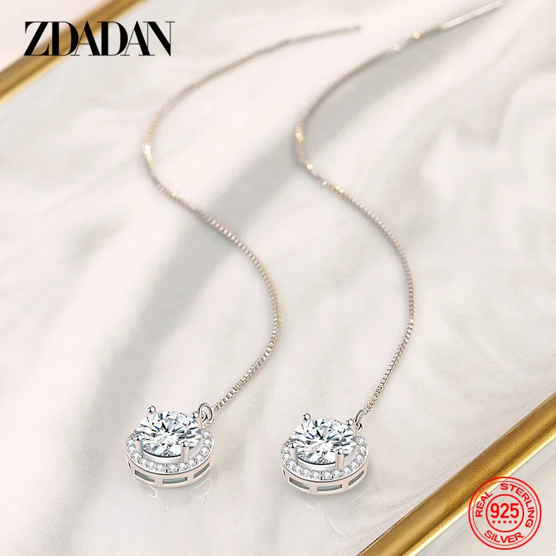 925 Silver Crystal Long Chain Drop Earrings Women Jewelry