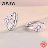 925 Silver Pink Flowers Hoop Earrings Wedding Jewelry