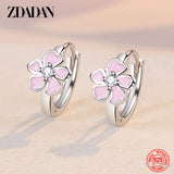 925 Silver Pink Flowers Hoop Earrings Wedding Jewelry