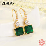 925 Silver 18K Square Emerald Drop Earrings For Women