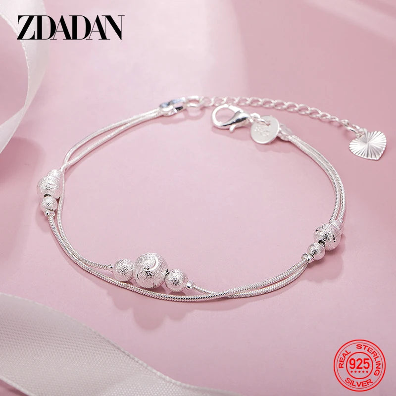 925 Silver Double Layer Bead Bracelet Chain Women Jewelry
