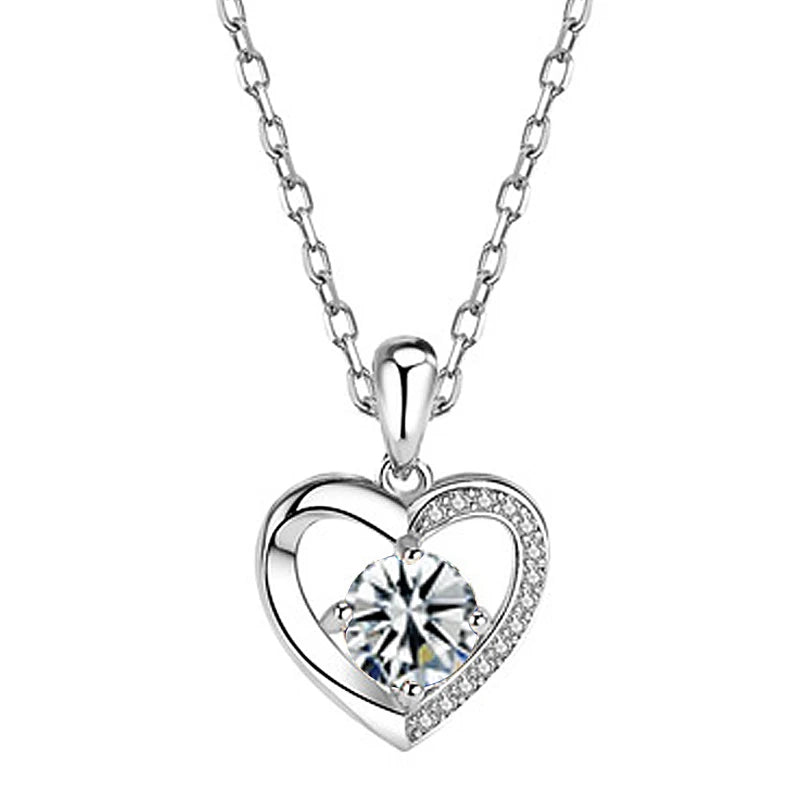 925 Silver Heart Crystal Necklace Chains For Women Girls Jewelry