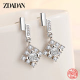 925 Silver Pink Crystal Snowflake Drop Earrings Wedding Jewelry