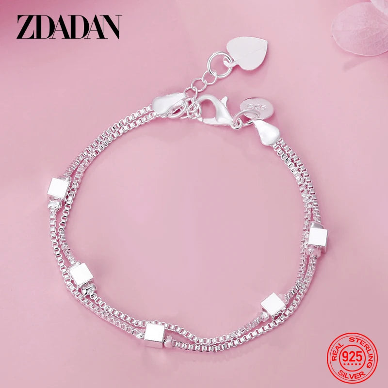 925 Silver Square Box Chain Bracelet Women Wedding Jewelry