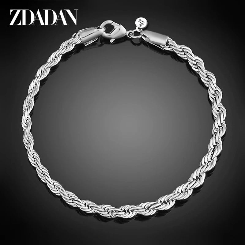 925 Sterling Silver 4mm Twisted Bracelets Chain for Women