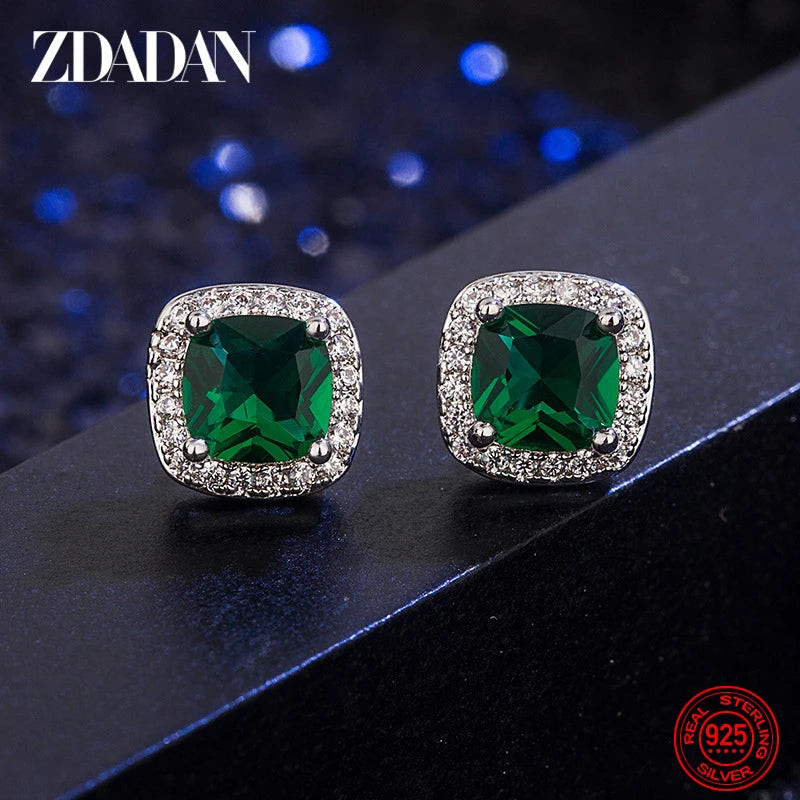 925 Sterling Silver 9mm Square Emerald Earring For Women Jewelry