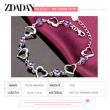 925 Silver Amethyst Heart Bracelet, Adjustable Party Jewelry