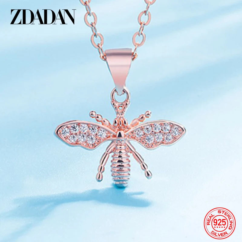 925 Silver Bee Crystal Necklace Chain Women Jewelry Party Gift