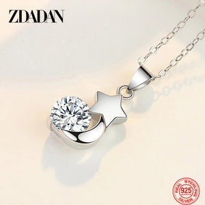 925 Silver Crystal Star Moon Necklace Women Wedding Jewelry
