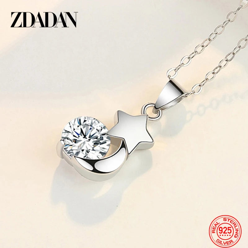 925 Silver Crystal Star Moon Necklace Women Wedding Jewelry