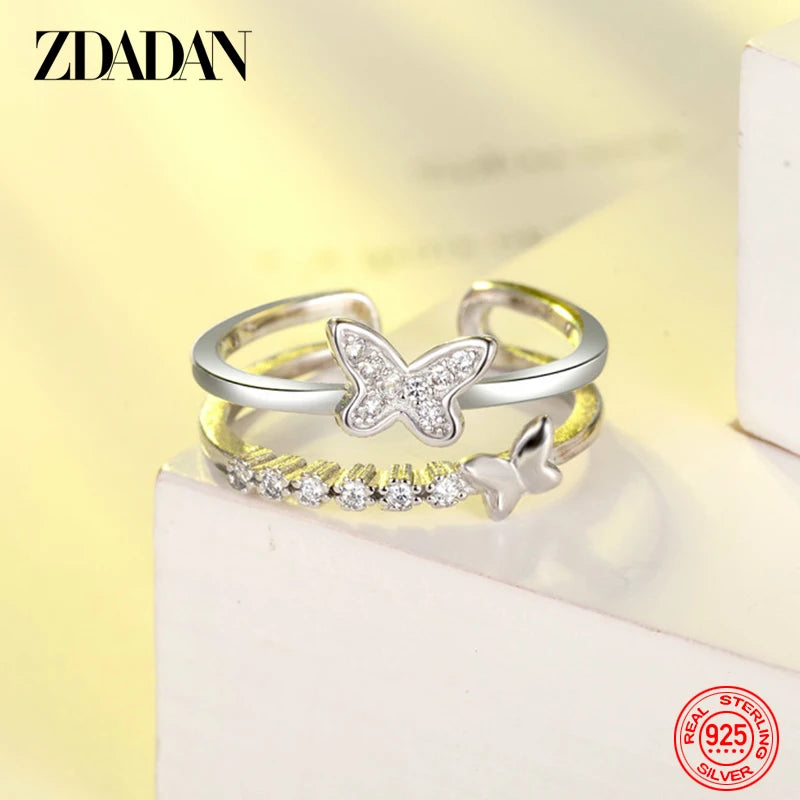 925 Silver Butterfly Crystal Open Ring Wedding Jewelry
