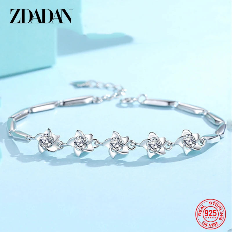 925 Silver CZ Flowers Bracelet Chain Women Party Jewelry