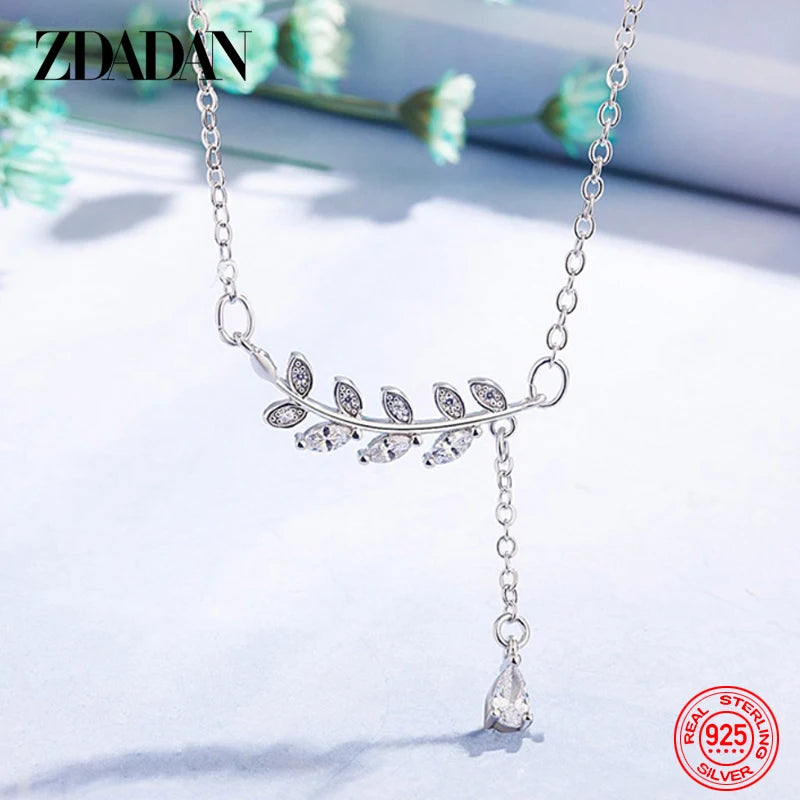 925 Silver CZ Leaf Necklace Wedding Engagement Party Jewelry Gift